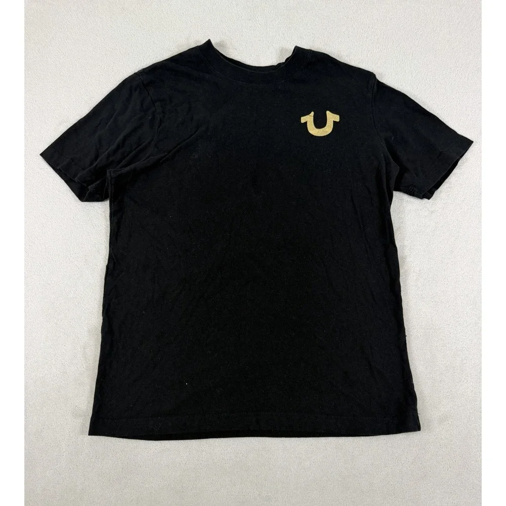 True Religion Mens Black Crew Neck T-Shirt Gold Metallic Horseshoe Logo Small